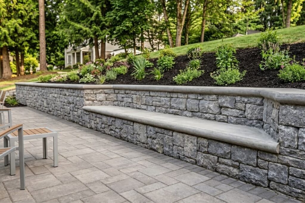 Stone patio wall with built-in bench, an example of stabilizing a gravity retaining wall properly