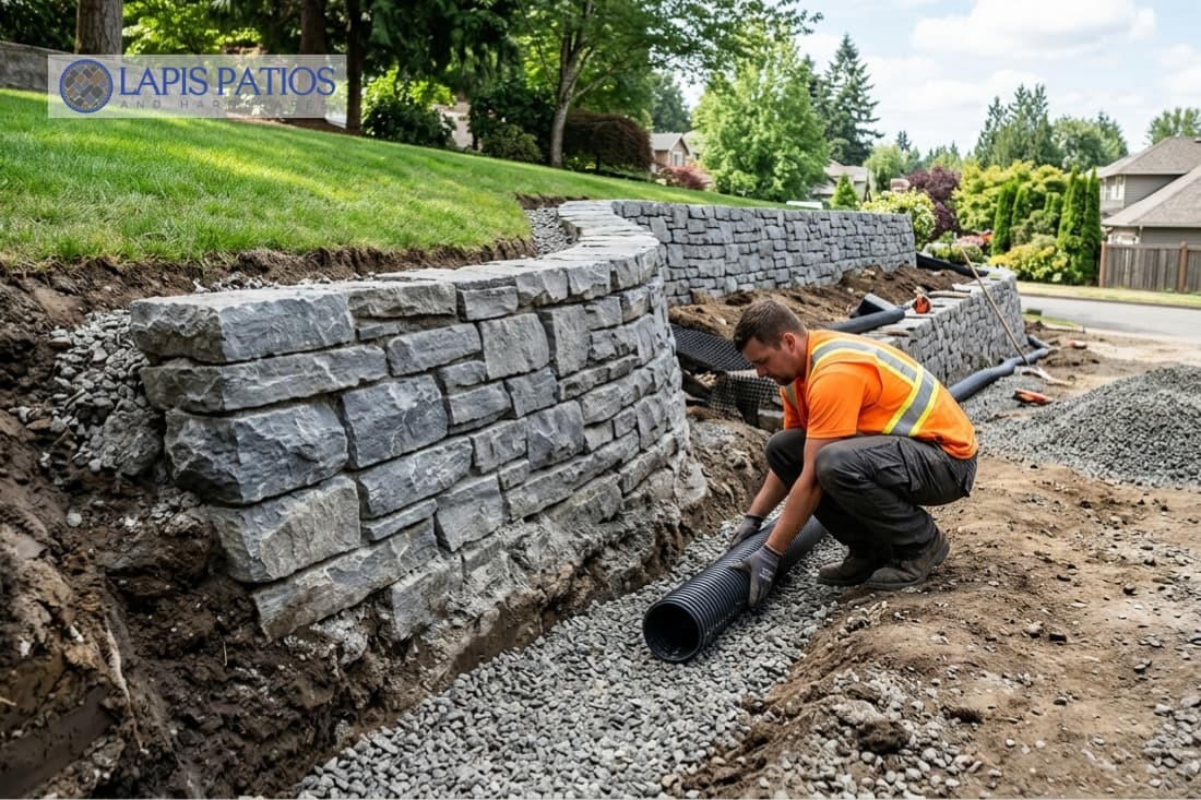 Worker installing a perforated drain pipe as part of stabilizing a gravity retaining wall