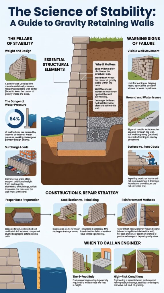 Infographic on stabilizing a gravity retaining wall, covering drainage, base prep, and warning signs