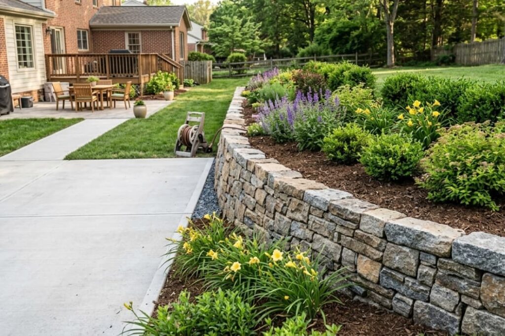 Finished landscape edge created by building gravity retaining walls with stone along a flower bed