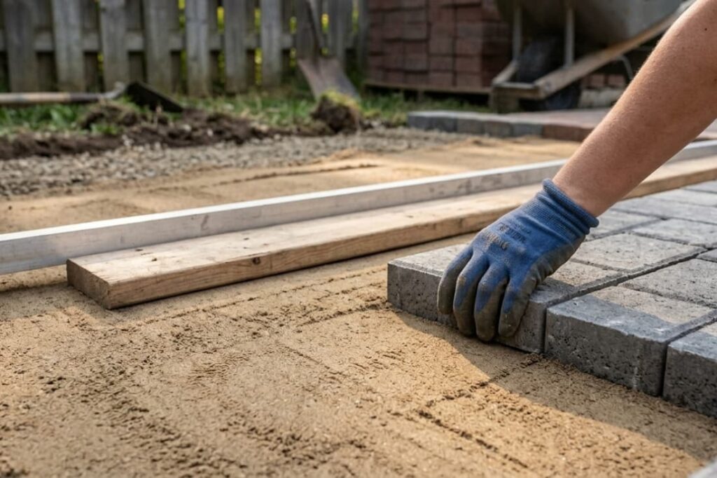 Worker aligning a paver against a straight edge while installing interlocking pavers for patio