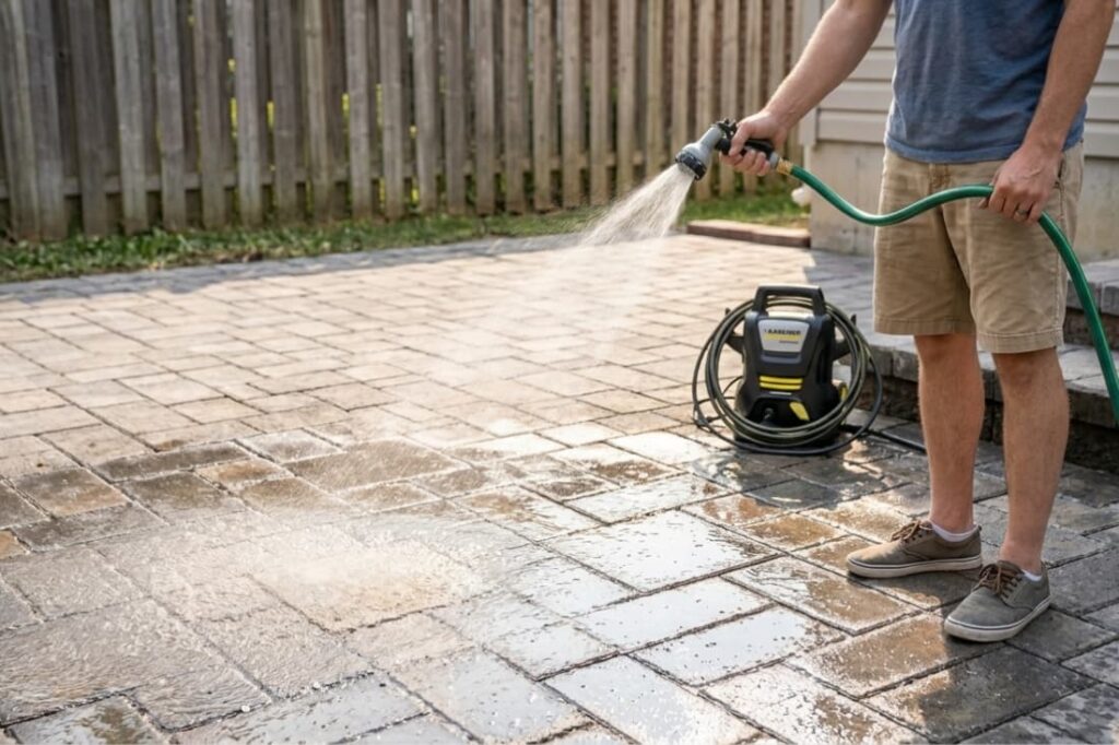 Rinsing joint sand into place, a finishing step when installing interlocking pavers for patio surfaces