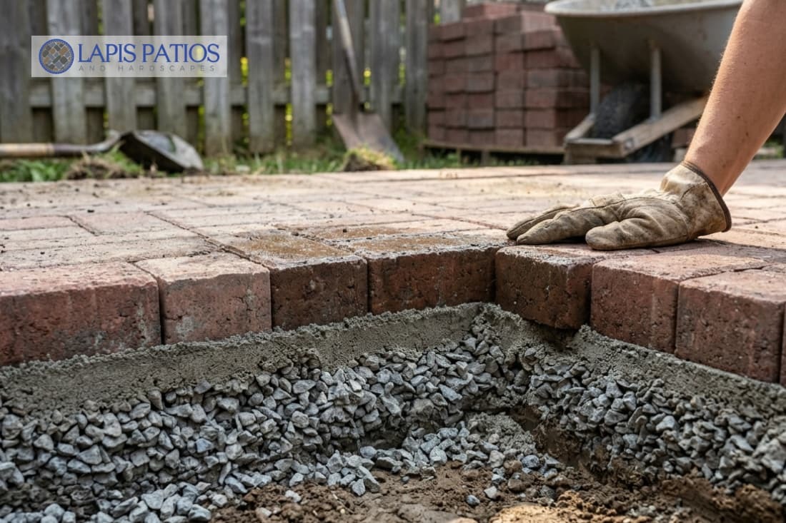Gravel base exposed beside brick pavers, showing the foundation for installing interlocking pavers for patio