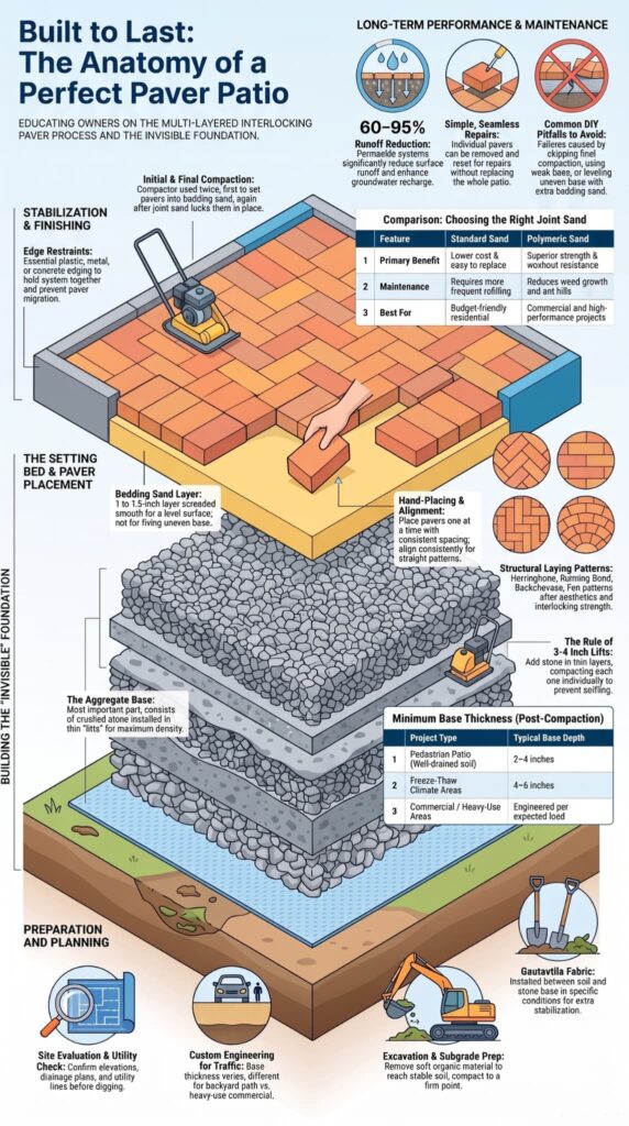 Infographic showing the layered process of installing interlocking pavers for patio foundations