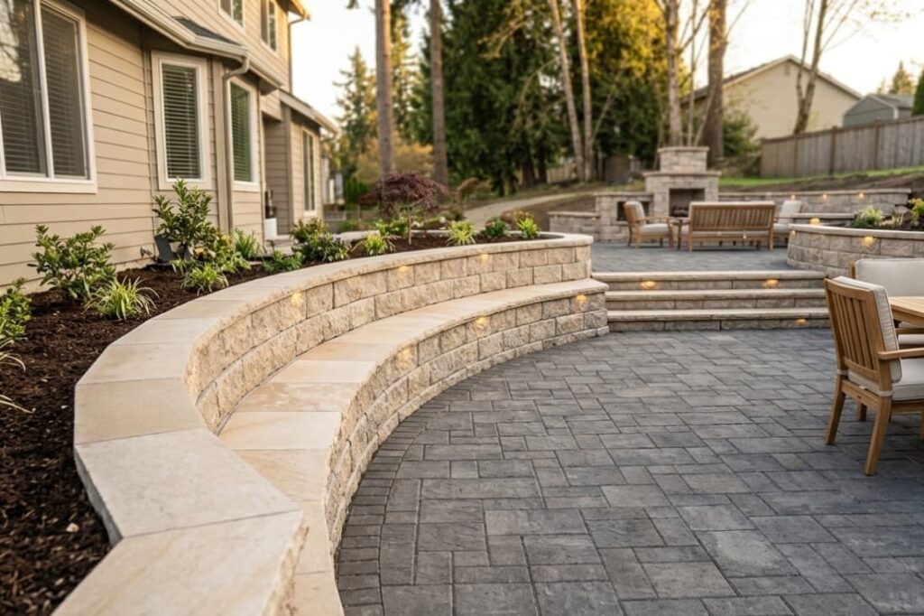 Finished stone seat wall showing high-end cost per square foot for retaining wall installation