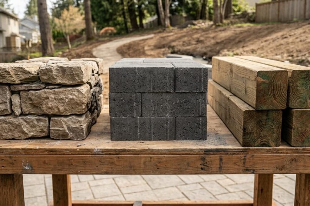 Stone, concrete block, and timber samples compared for cost per square foot for retaining wall installation