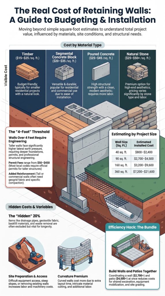 Infographic comparing cost per square foot for retaining wall installation by material type