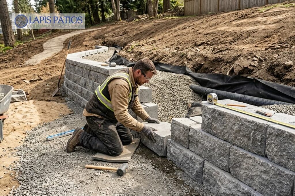 Worker stacking blocks with drain pipe, part of cost per square foot for retaining wall installation