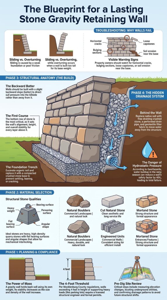 Infographic guide for building gravity retaining walls with stone, covering drainage, materials, and construction phases