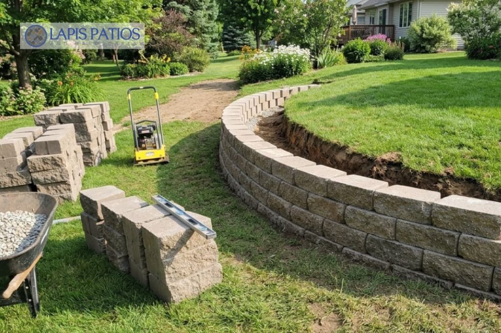 Crew using a plate compactor while learning how to install segmental retaining walls in a yard