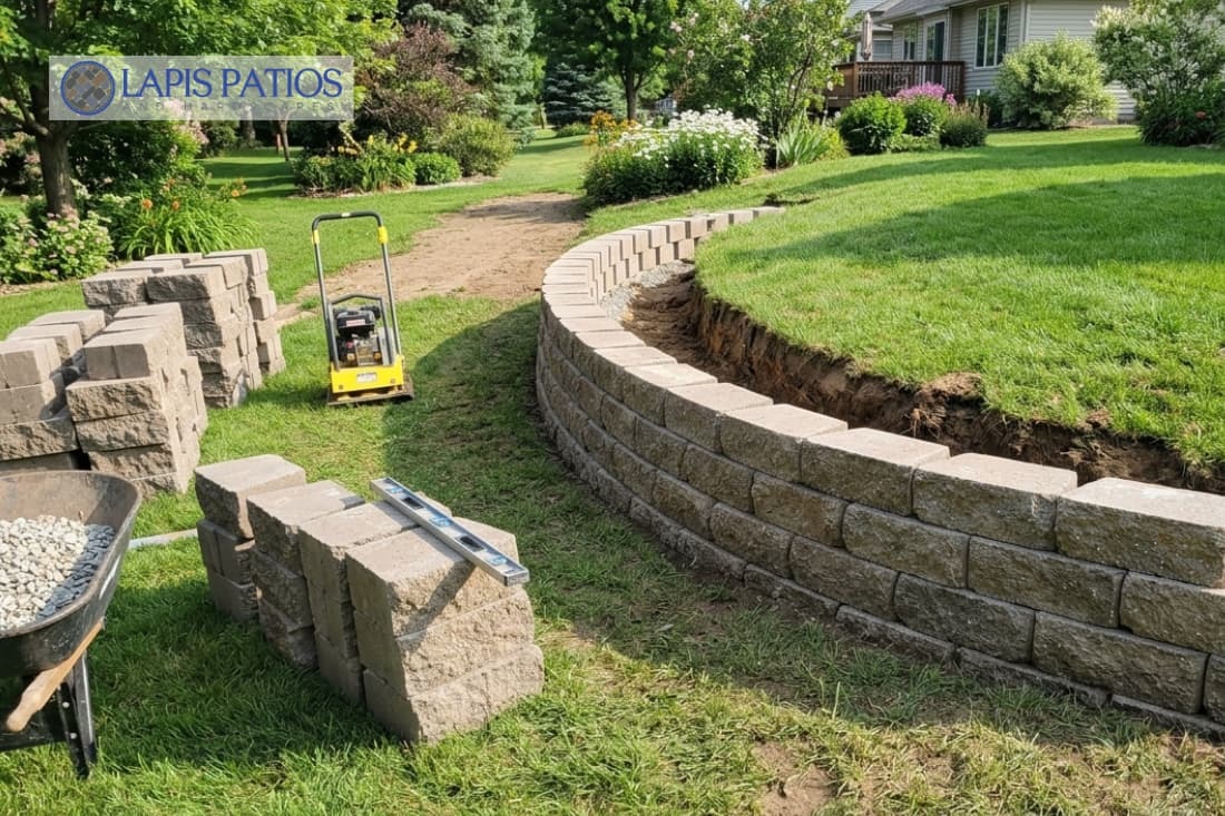 Crew using a plate compactor while learning how to install segmental retaining walls in a yard