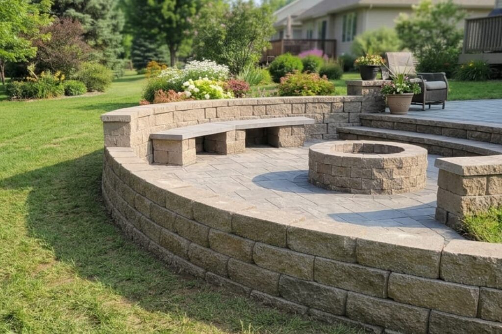 Finished patio with seating and fire pit demonstrating how to install segmental retaining walls