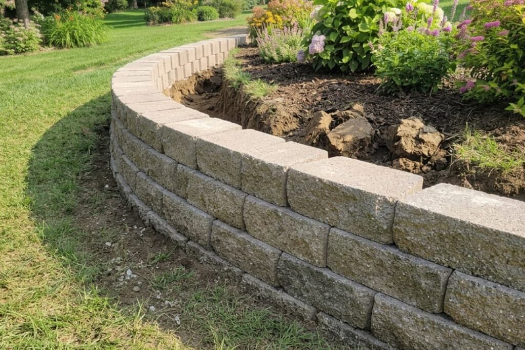 Curved block wall showing how to install segmental retaining walls along a flower bed edge