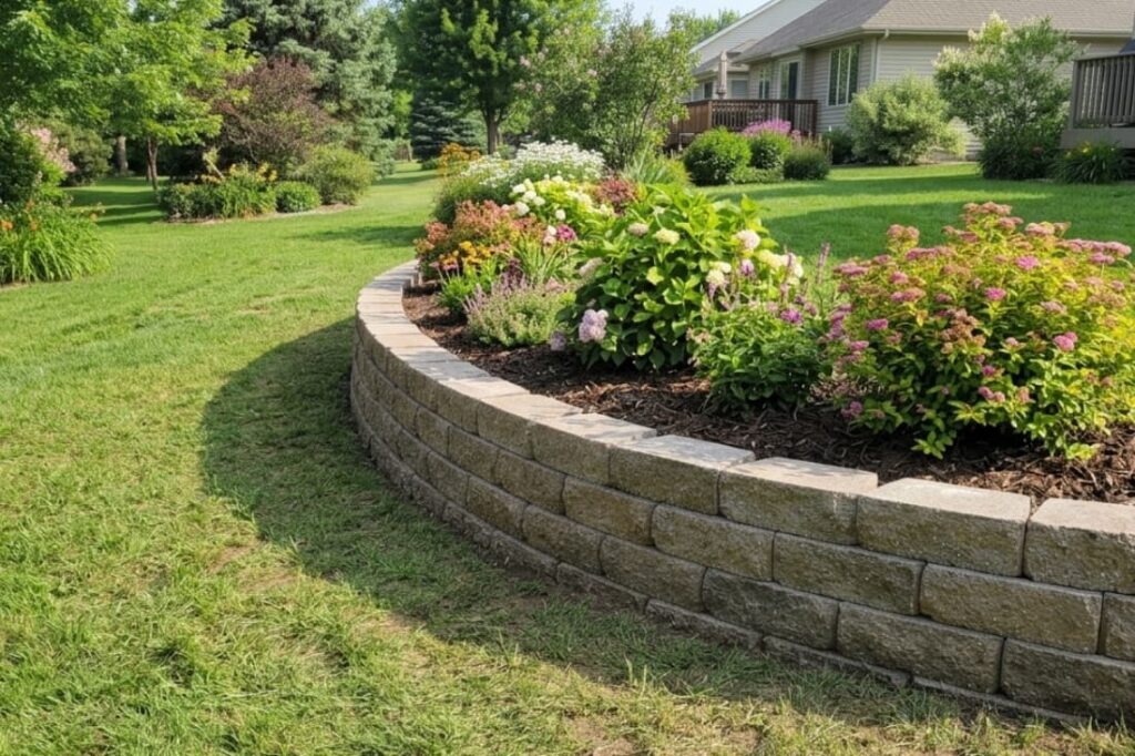 Low curved wall around a landscaped bed, an example of how to install segmental retaining walls