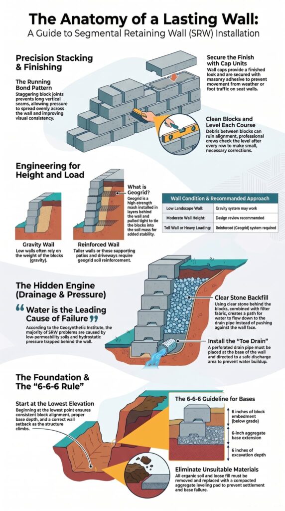 Infographic explaining how to install segmental retaining walls, covering drainage, geogrid, and base prep