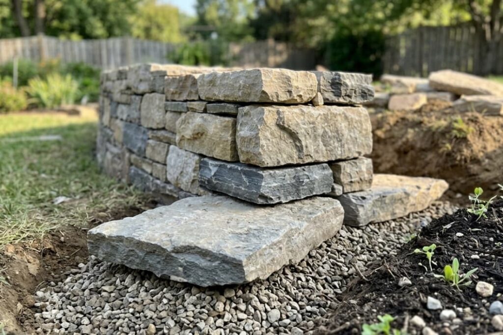 Cut stones staged on gravel base, ready for building a dry stack retaining wall