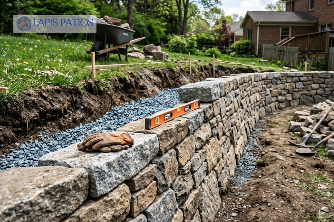 Contractor tools resting on stone courses during the process of building gravity retaining walls with stone