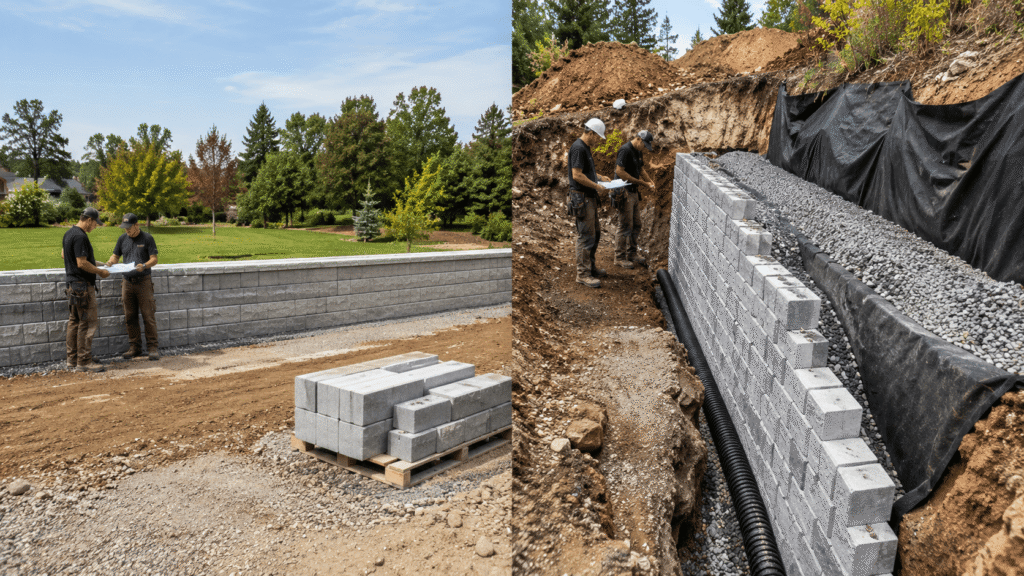 Side-by-side wall builds with block, gravel, and drainage, showing retaining wall pricing for materials in practice.