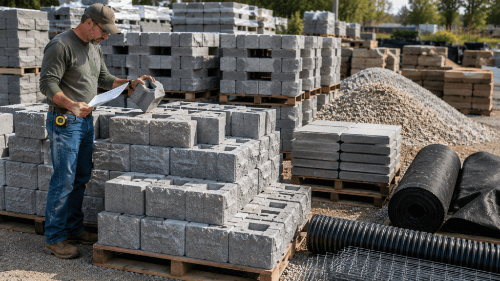 Contractor inspecting block, gravel, and fabric supplies at a yard, comparing retaining wall pricing for materials.
