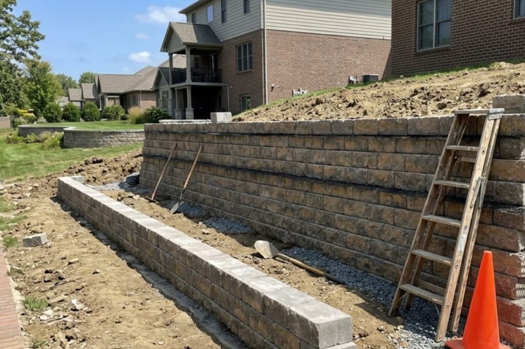 Half-built stone wall with tools shows labor involved in segmental retaining wall cost projects. 