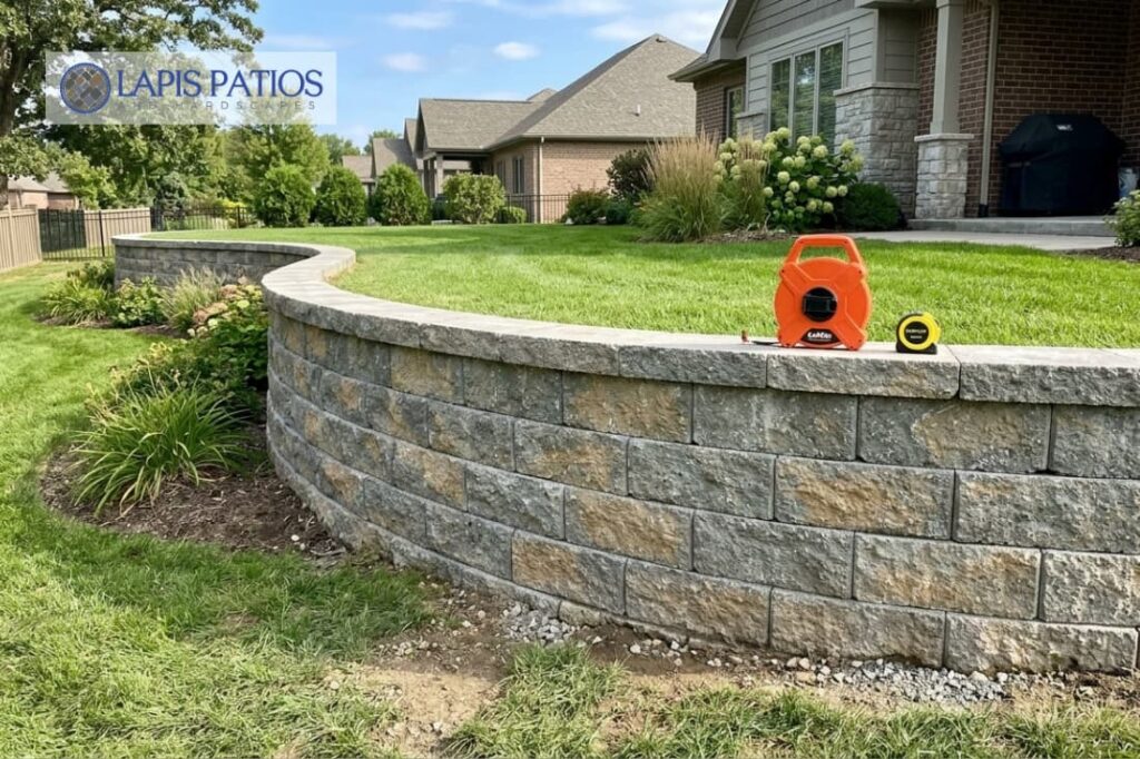 Finished curved stone wall in a backyard reflects typical segmental retaining wall cost for landscaping. 