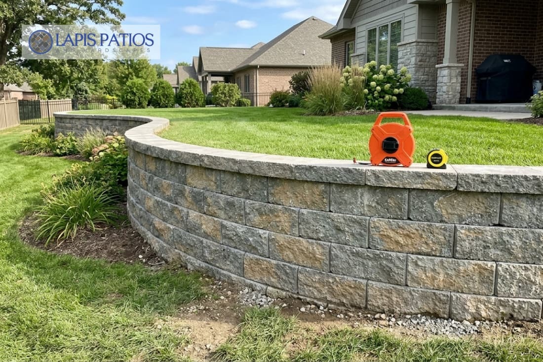 Finished curved stone wall in a backyard reflects typical segmental retaining wall cost for landscaping. 