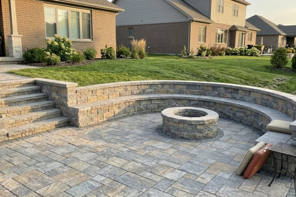 Tiered stone wall with steps and fire pit shows higher-end segmental retaining wall cost for patios. 