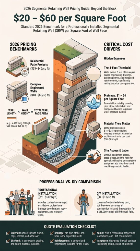 Infographic breaking down segmental retaining wall cost drivers like drainage, materials, and site access in 2026.