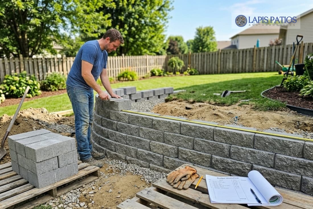 Man stacking stone blocks illustrates hands-on work behind the cost of building a retaining wall DIY. 