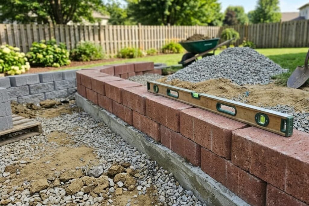Brick wall with level and gravel pile shows labor involved in the cost of building a retaining wall DIY. 
