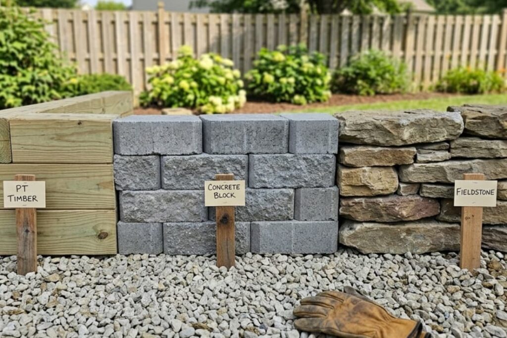 Timber, concrete block, and fieldstone samples compare material options in the cost of building a retaining wall DIY. 