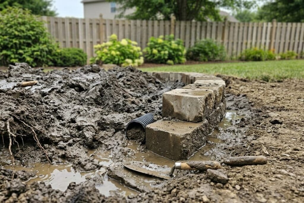 Muddy drainage pipe and blocks show hidden costs behind the cost of building a retaining wall DIY. 