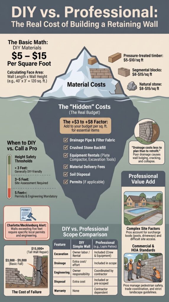 Iceberg graphic breaks down the true cost of building a retaining wall DIY versus hiring a pro. 