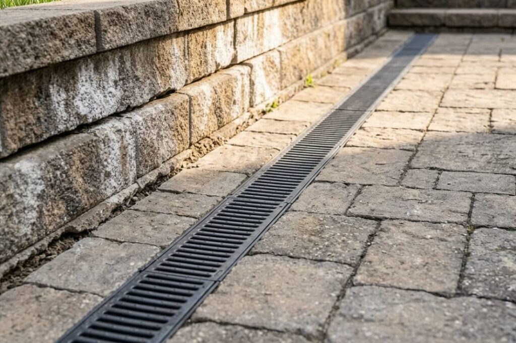 Black drain channel beside a stone block wall, a key detail in retaining wall repair tips for homeowners
