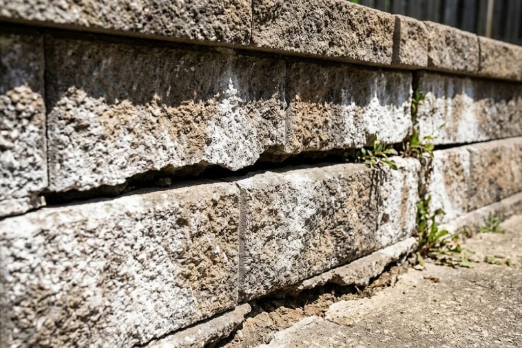 Close-up of shifting, gapped wall blocks with weeds, a sign to review retaining wall repair tips for homeowners