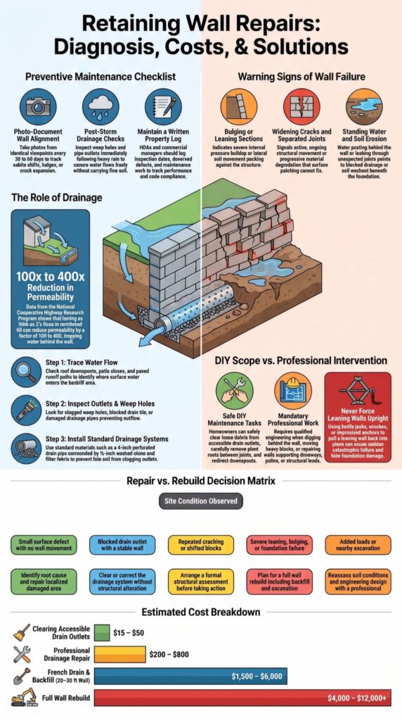 Infographic of retaining wall repair tips for homeowners covering warning signs, drainage, DIY limits, and costs