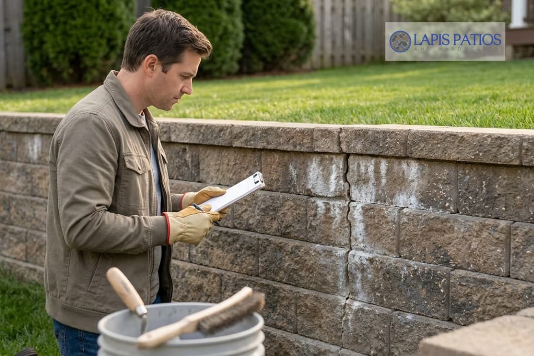 Homeowner inspecting a block wall with a clipboard, following retaining wall repair tips for homeowners